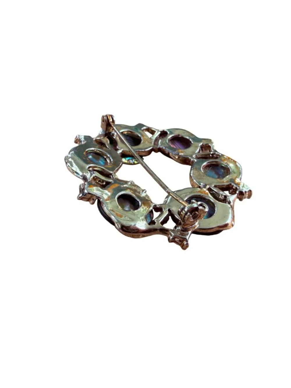 Vintage Abalone Shell Circle Brooch Silver Tone Wreath Pin Paua Statement Jewelr
